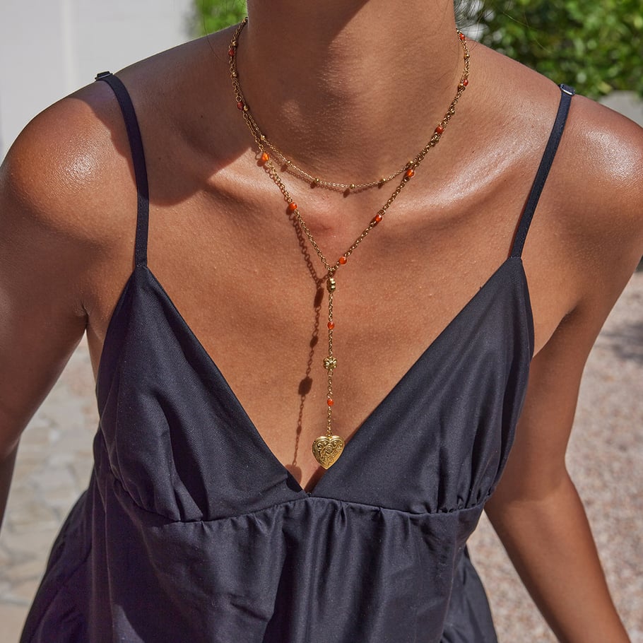 Collier multicouches sophistiqué en acier inoxydable doré pour femme, 1 pièce, motif cœur Image4