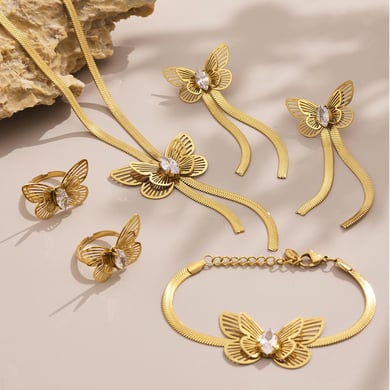 Set di gioielli da donna in acciaio inossidabile color oro con farfalla romantica da 1 pezzo h5 Immagine7