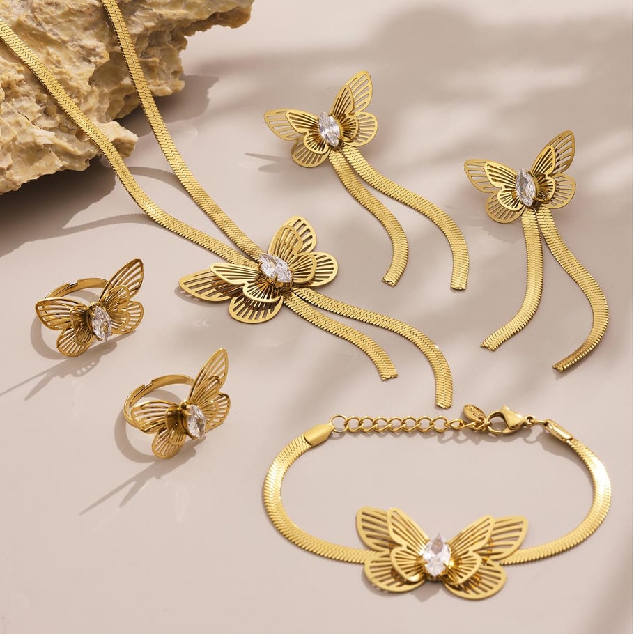 Set di gioielli da donna in acciaio inossidabile color oro con farfalla romantica da 1 pezzo Immagine7