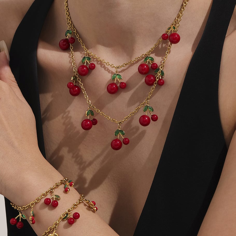 Set di gioielli da donna color oro in acciaio inossidabile color ciliegia dolce, 1 pezzo Immagine2
