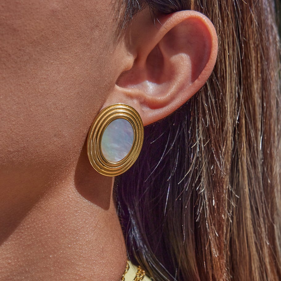 1 Pair Classic Series Retro Oval Stainless Steel Gold Color Women's Stud Earrings h5Picture4