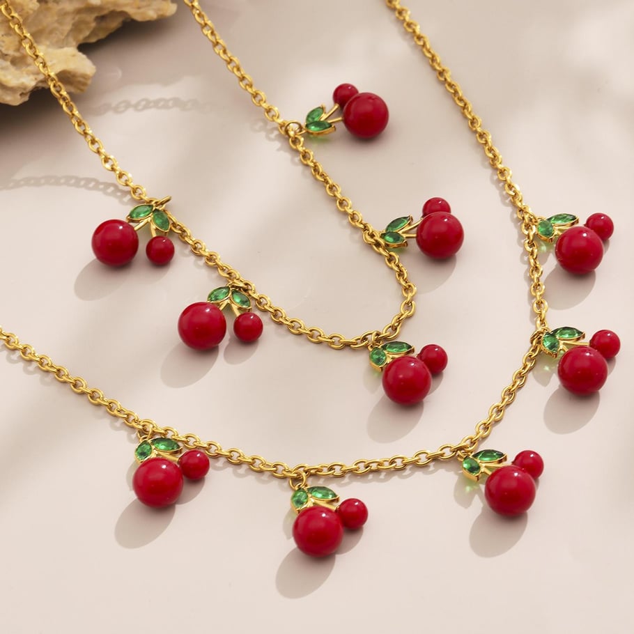 Set di gioielli da donna color oro in acciaio inossidabile color ciliegia dolce, 1 pezzo Immagine6