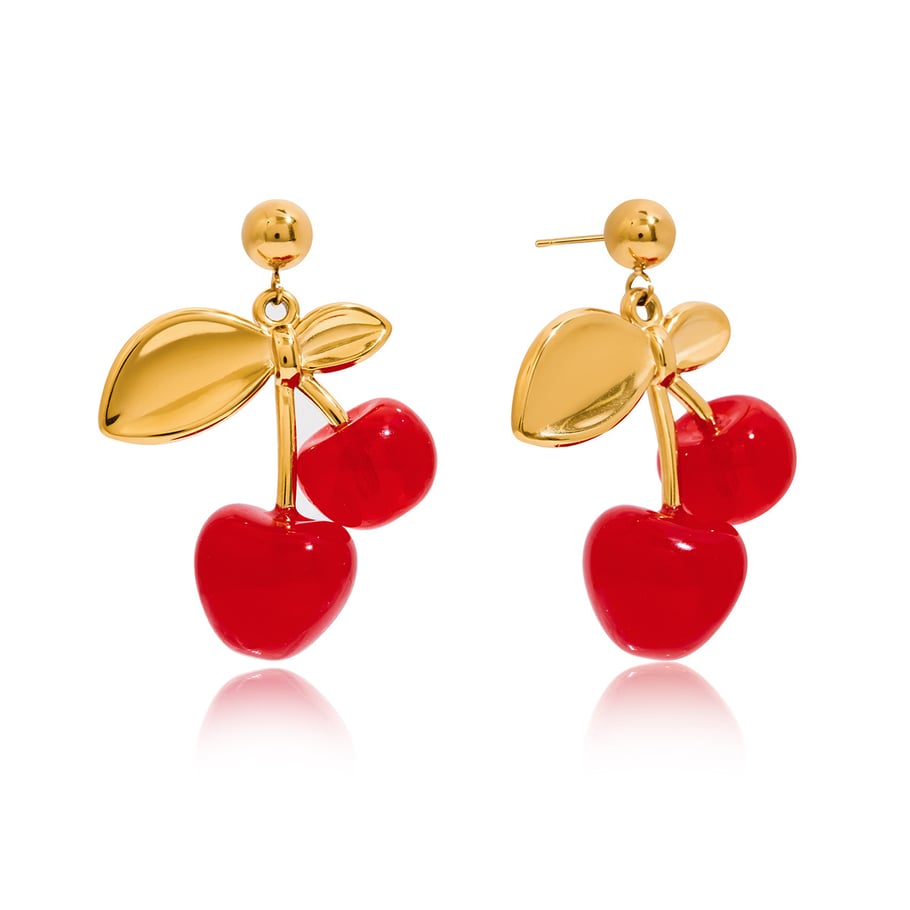 1 par de pendientes colgantes de acero inoxidable color dorado con cereza vívida para mujer 