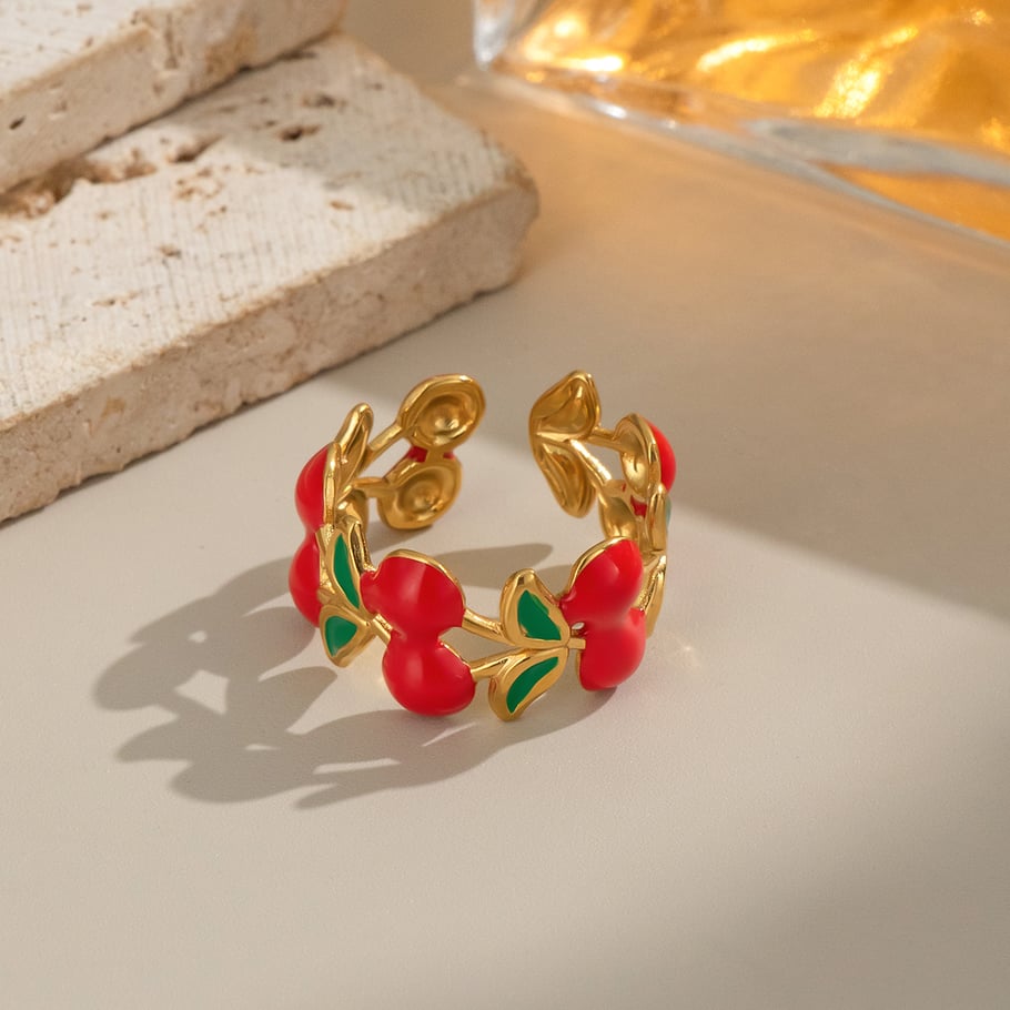 Anelli statement color oro in acciaio inossidabile con ciliegia dolce, serie romantica, 1 pezzo Immagine3