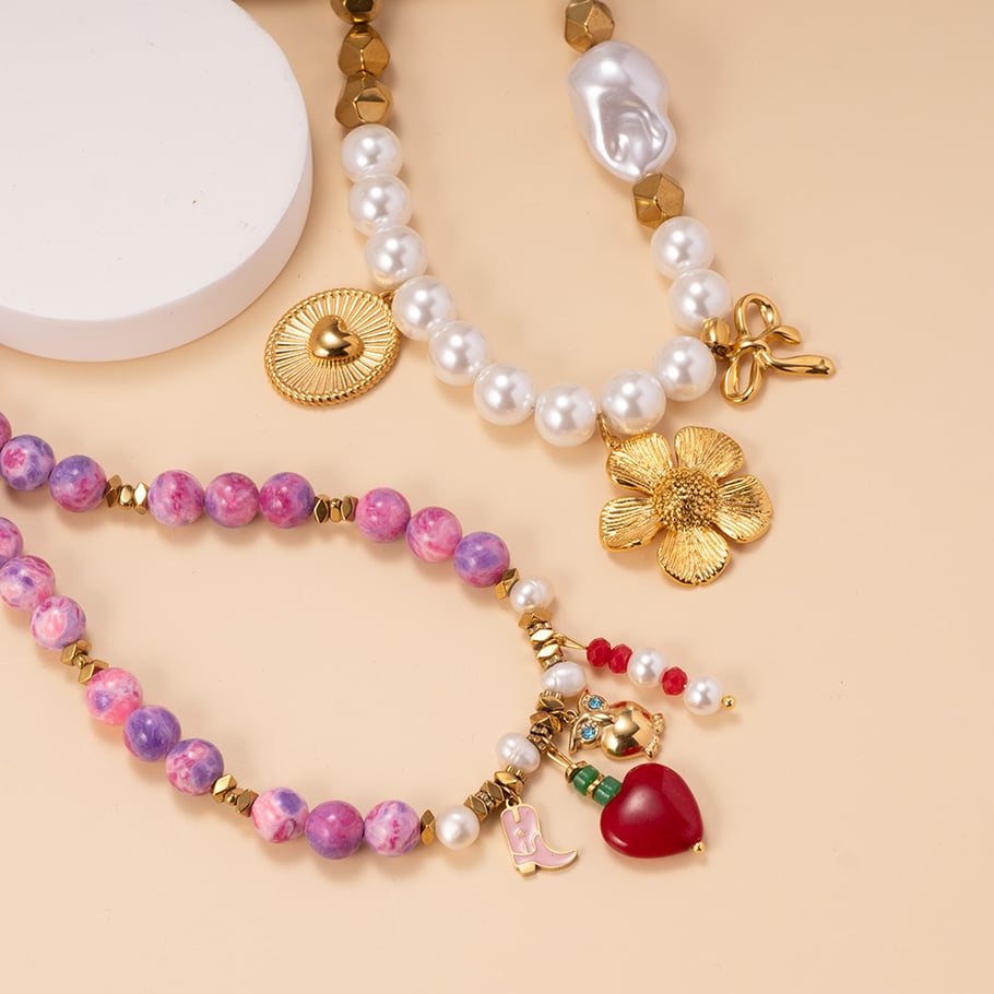 1 Piece Bright-coloured Heart Natural Stones Gold Color Women's Beaded Necklaces Picture3