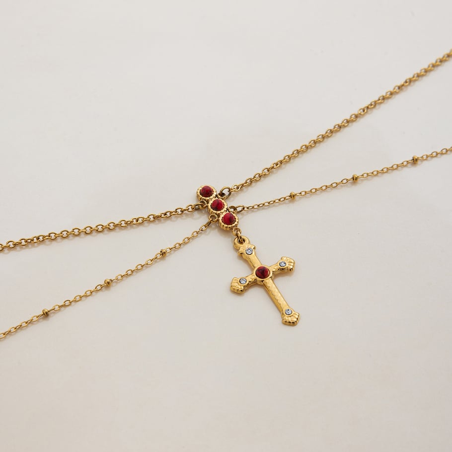 Collier luxueux en acier inoxydable doré avec croix rouge pour femme, 1 pièce Image6