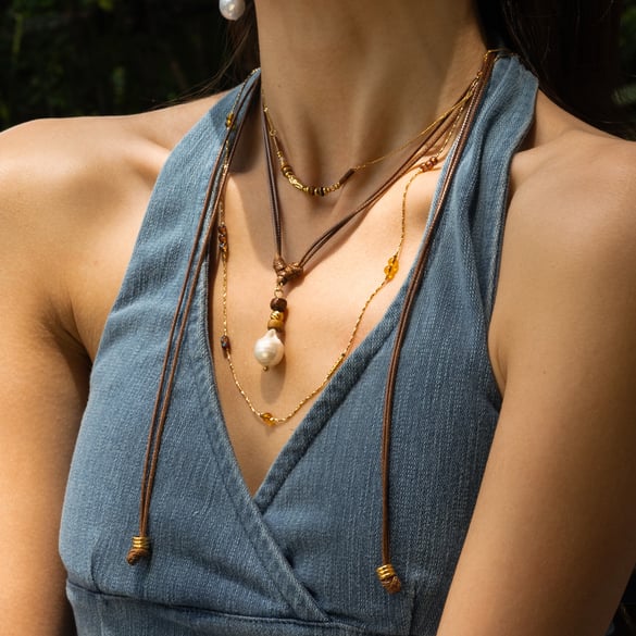 Retro Natural Stones Gold Color Necklaces Set 2