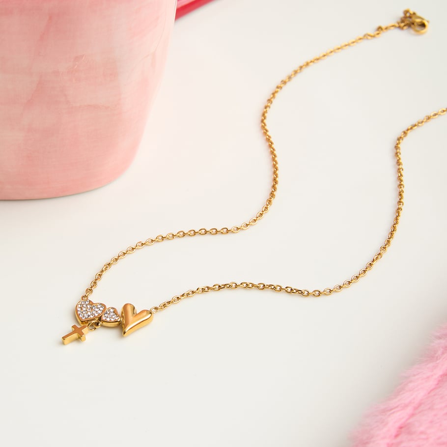 1 collar con colgante de corazón y cruz de acero inoxidable dorado para mujer Imagen3