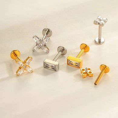 1 pieza de pendientes de perforación con flor diaria de aleación de titanio y circonita de color dorado para mujer h5 Imagen3