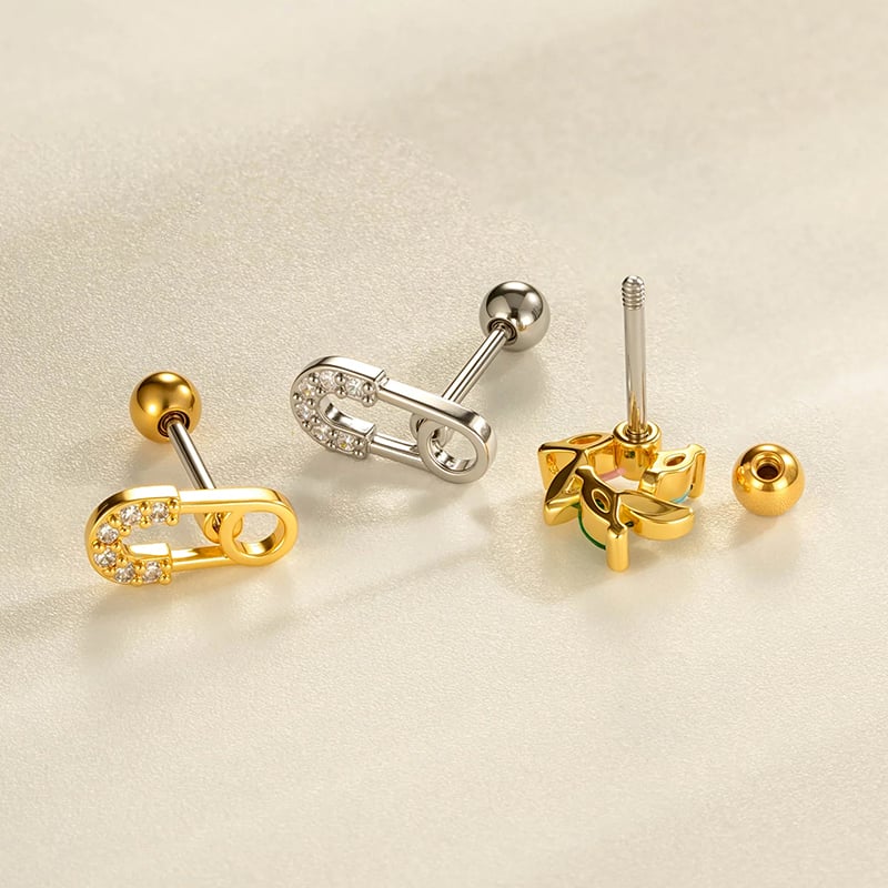 1 pieza de pendientes de perforación para mujer con circonitas de color cobre y dorado en forma de triángulo. Imagen3