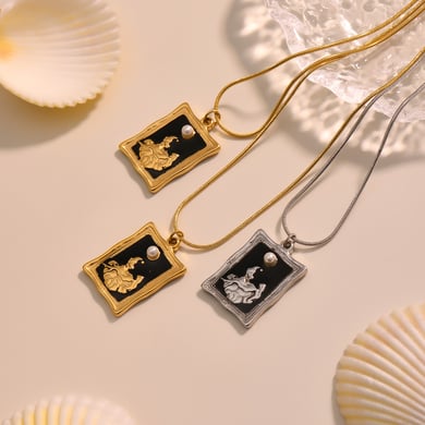 Collana a strati da donna in acciaio inossidabile color oro, 1 pezzo, con forma rettangolare retrò h5 Immagine3