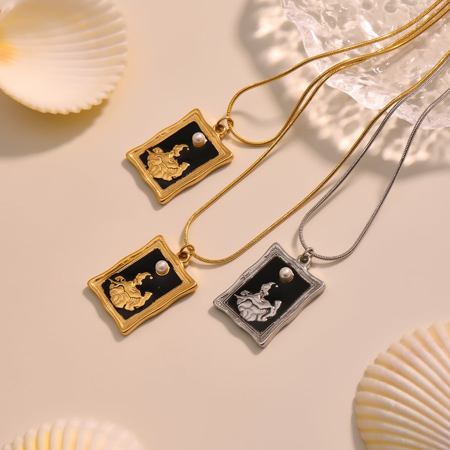 Collana a strati da donna in acciaio inossidabile color oro, 1 pezzo, con forma rettangolare retrò Immagine3