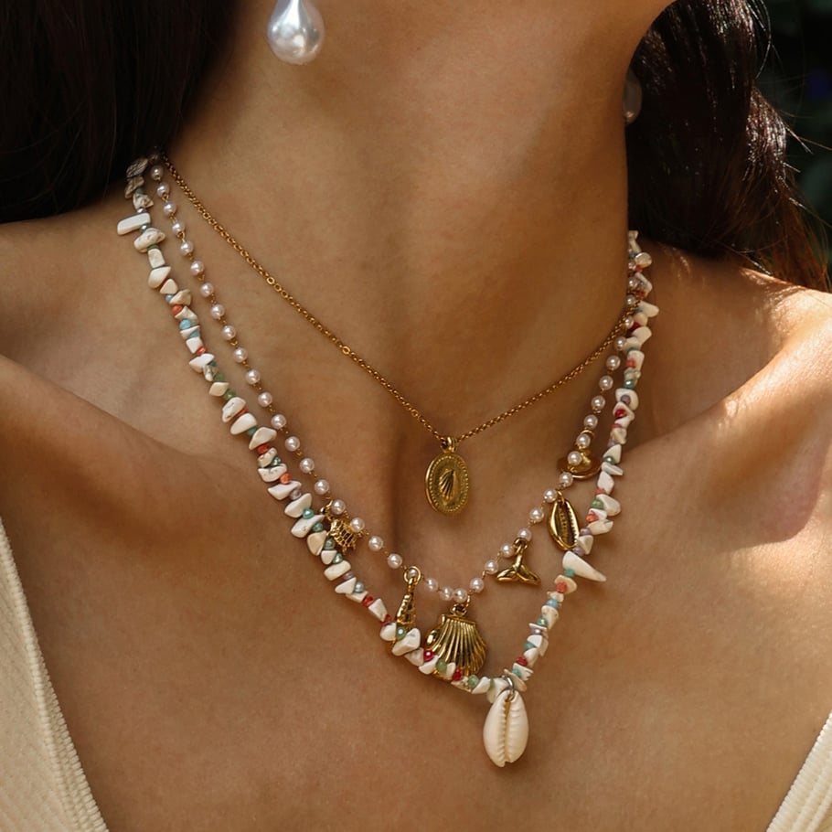 1 Piece Shell Natural Stones Gold Color Beaded Necklace Picture4