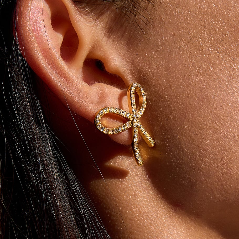 1 Pair Shinning Series Bow Knot Stainless Steel Gold Color Women's Stud Earrings h5Picture4