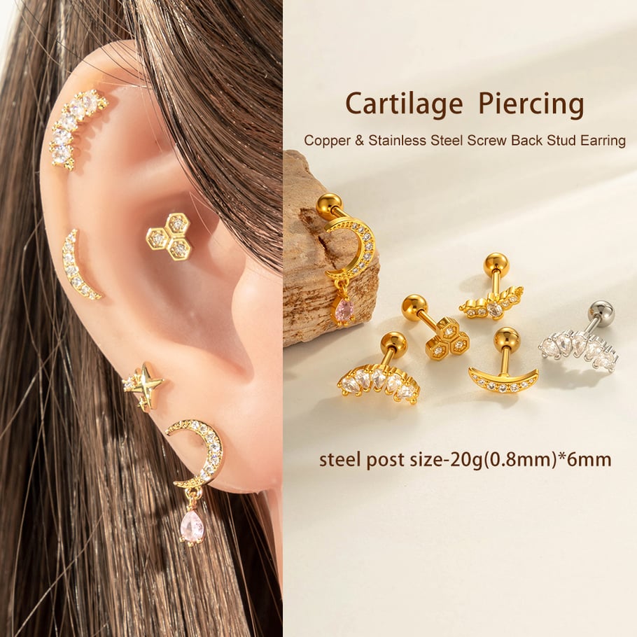 1 Piece Moon Copper Gold Color Zircon Piercing Earring Picture5