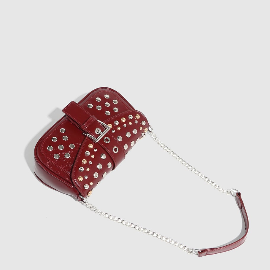 Bolso de hombro para mujer de PU con remaches de color sólido, estilo hip-pop/rock, serie simple, 1 pieza Imagen4