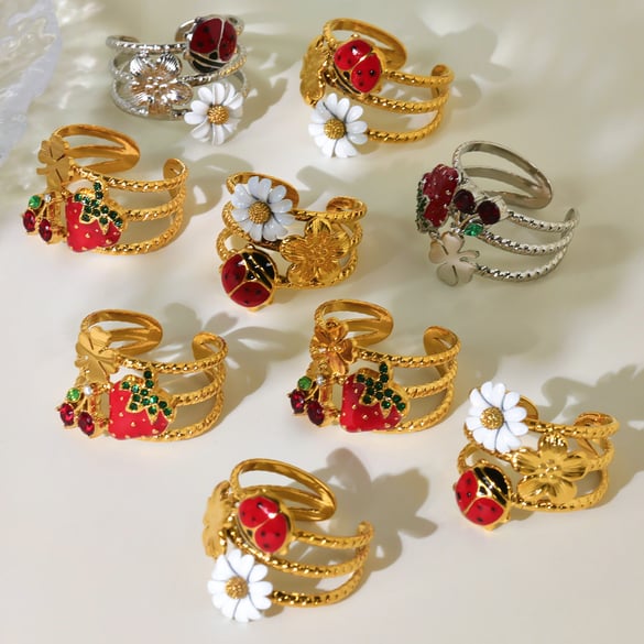 1 Piece Vivid Insect Stainless Steel Gold Color Zircon Statement Rings