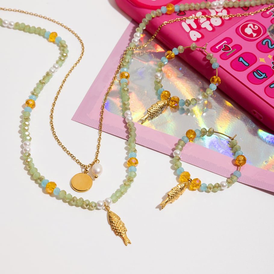Conjunto de joyería para mujer de 1 pieza de cuentas etéreas de acero inoxidable color dorado Imagen6