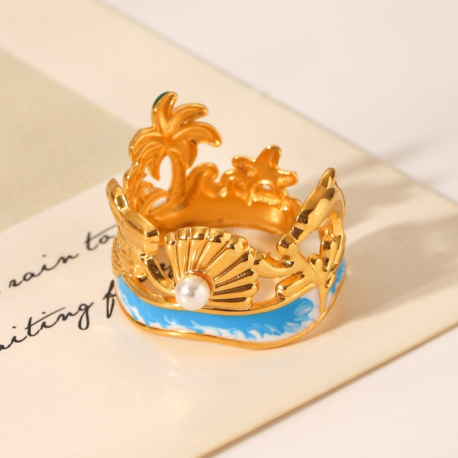 Vacation Turtle Stainless Steel  Gold Color Pearl Statement Rings Picture4
