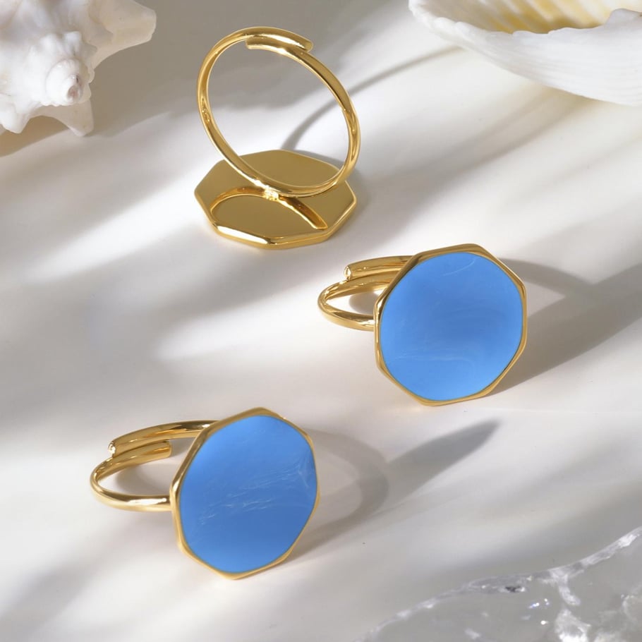 1 pezzo di anello in acciaio inossidabile color oro con smalto esagonale Immagine2