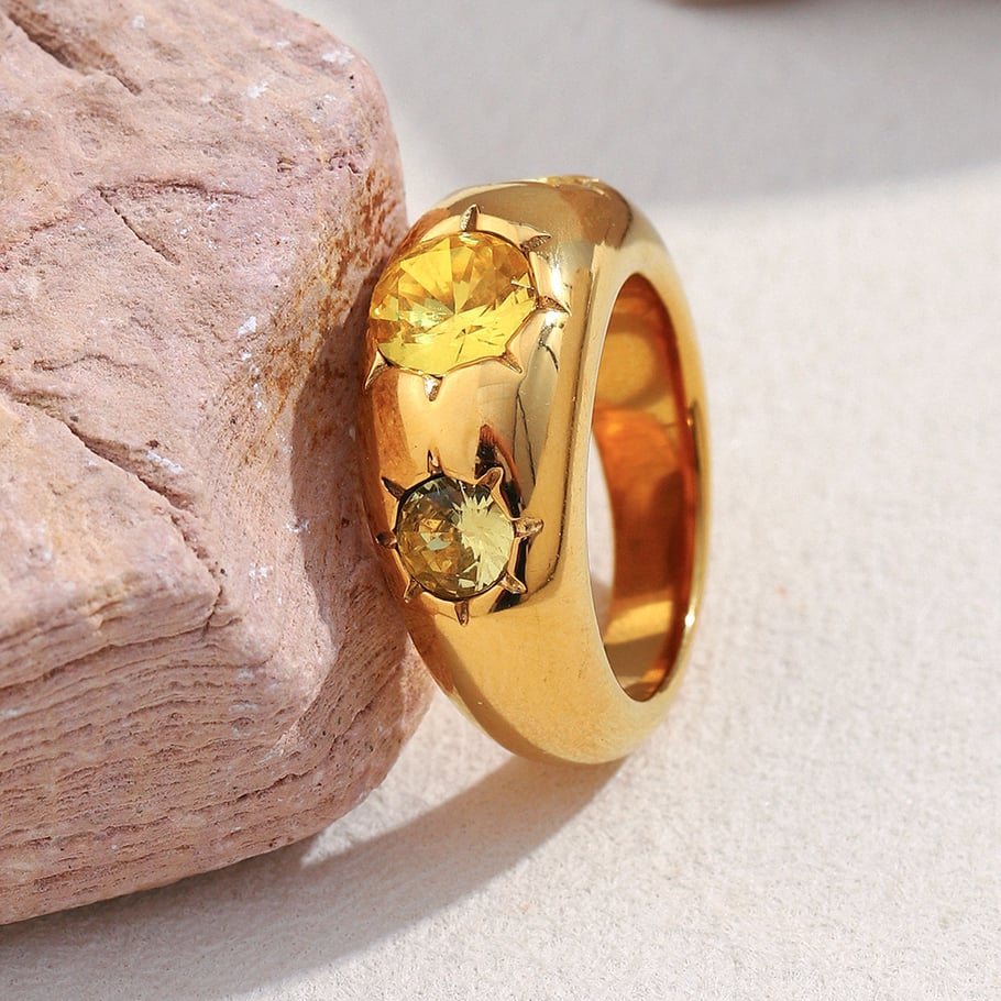 1 Piece Glamorous Round Stainless Steel Gold Color Gemstone Rings Picture3