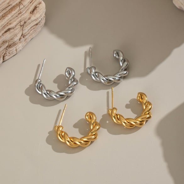1 Pair Thread Stainless Steel Gold Color Hoop Earrings 2