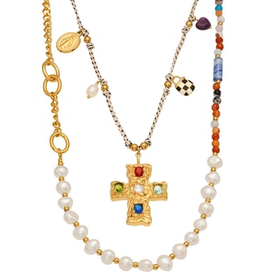 1 pezzo classico croce perline perle in acciaio inossidabile color oro zircone collane con ciondolo da donna h5 Immagine7