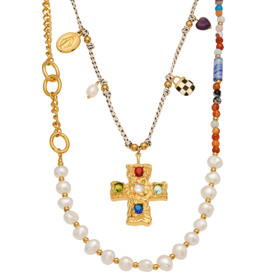 1 pezzo classico croce perline perle in acciaio inossidabile color oro zircone collane con ciondolo da donna Immagine7