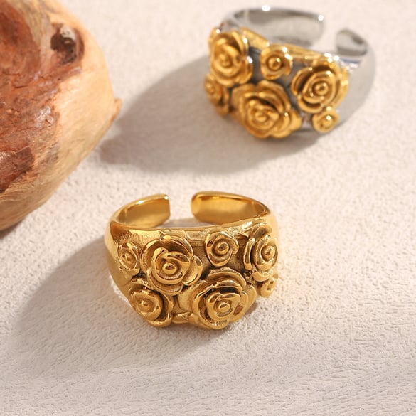 1 Stück romantische Blumen-Statementringe aus Edelstahl in Goldfarbe