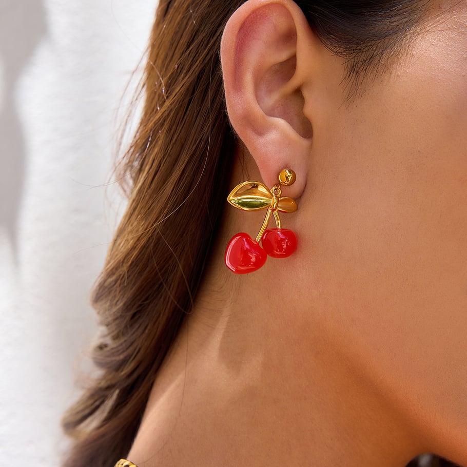 1 par de pendientes colgantes de acero inoxidable color dorado con cereza vívida para mujer Imagen4