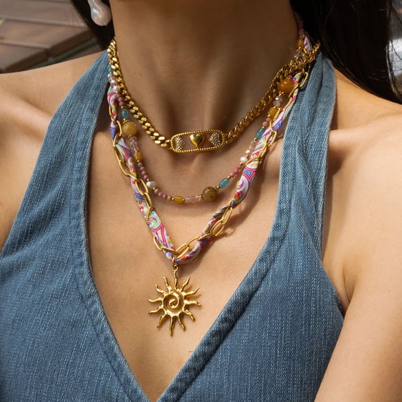 1 Piece Retro Heart Stainless Steel Gold Color Fabric Pendant Necklace