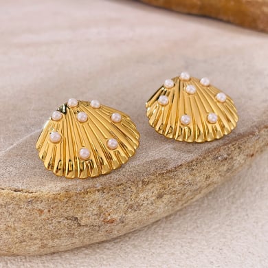 1 paio di splendidi orecchini a bottone da donna in acciaio inossidabile color oro con conchiglia h5 Immagine4