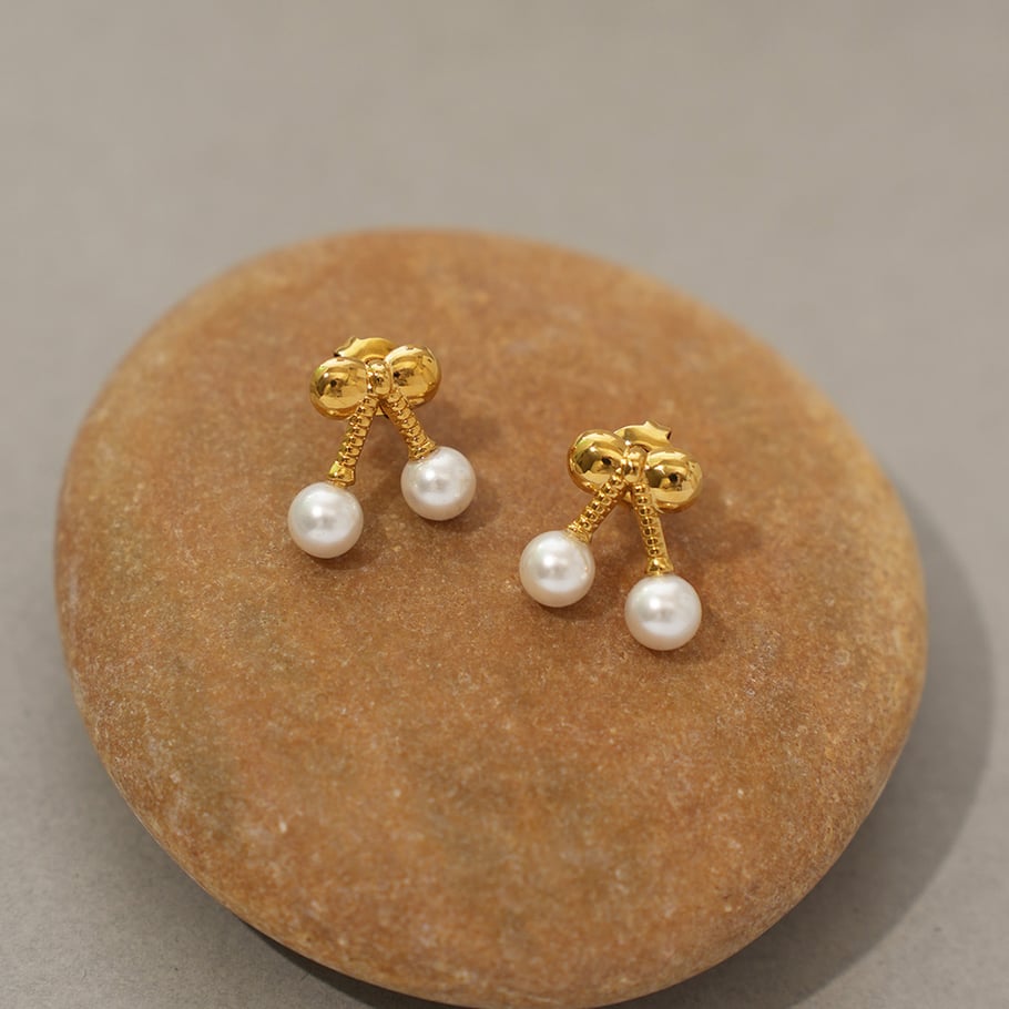 1 paire de boucles d'oreilles à tige en acier inoxydable couleur or pour femme, motif cerise douce h5Image4