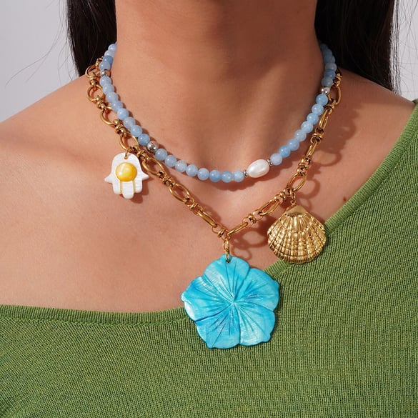 1 pezzo di collana con ciondolo da donna in stile vacanza con fiori blu e pietre naturali 2