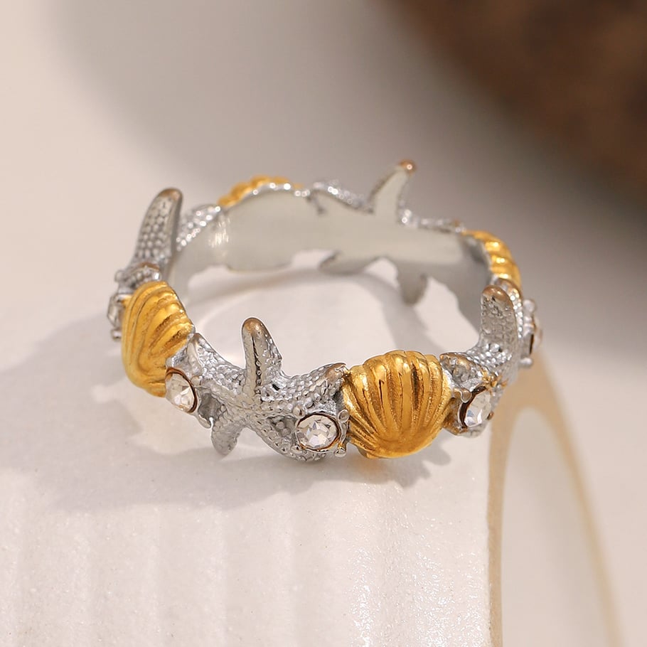 1 stuk ontwerpbare zeester en schelp roestvrij staal goudkleurige statement ringen Afbeelding3