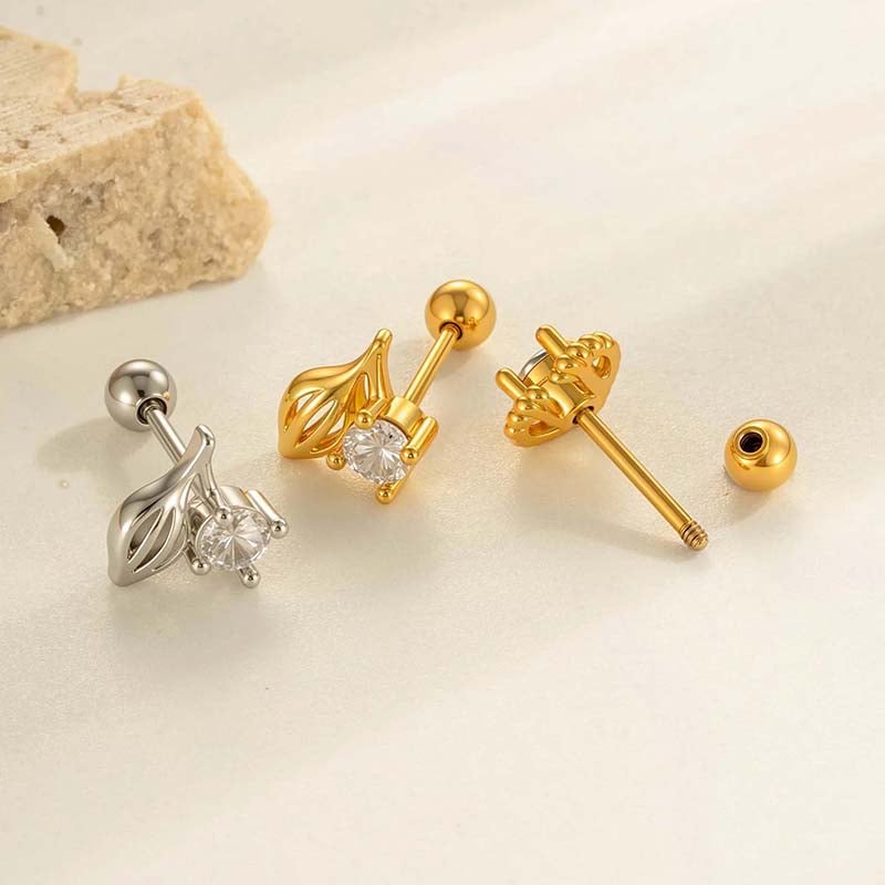 1 pieza de pendientes de perforación para mujer con circonitas de color cobre y dorado con hojas brillantes Imagen3