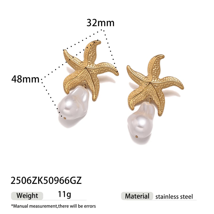 1 Pair Starfish Stainless Steel  Gold Color Drop Earrings 