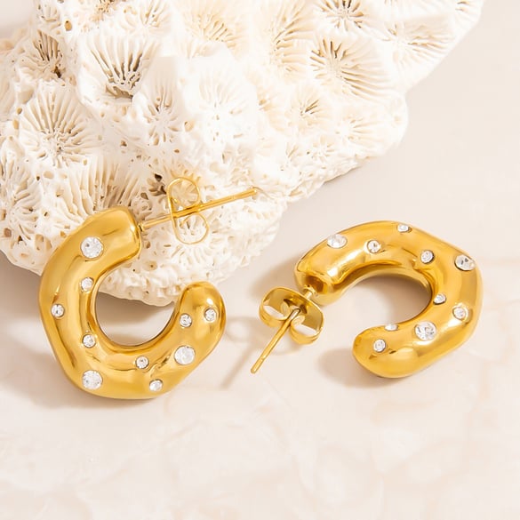 1 Pair C-shape Stainless Steel  Gold Color Hoop Earrings 2