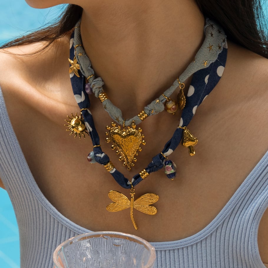 1 Piece Romantic Stainless Steel Gold Color Fabric Pendant Necklace Picture2