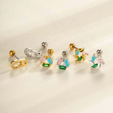 1 pieza de pendientes de perforación para mujer con circonitas de color cobre y dorado en forma de triángulo. h5 Imagen4