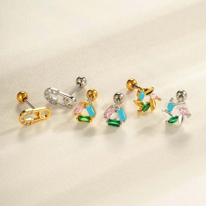 1 pieza de pendientes de perforación para mujer con circonitas de color cobre y dorado en forma de triángulo. Imagen4