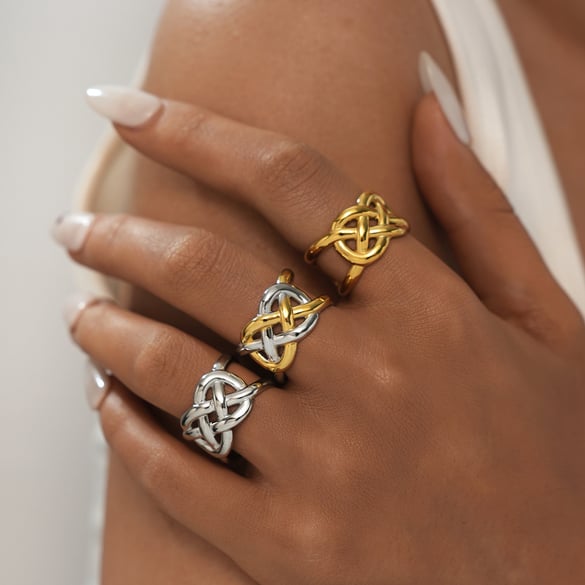 1 Piece  Casual Woven Stainless Steel  Gold Color Statement Rings 2