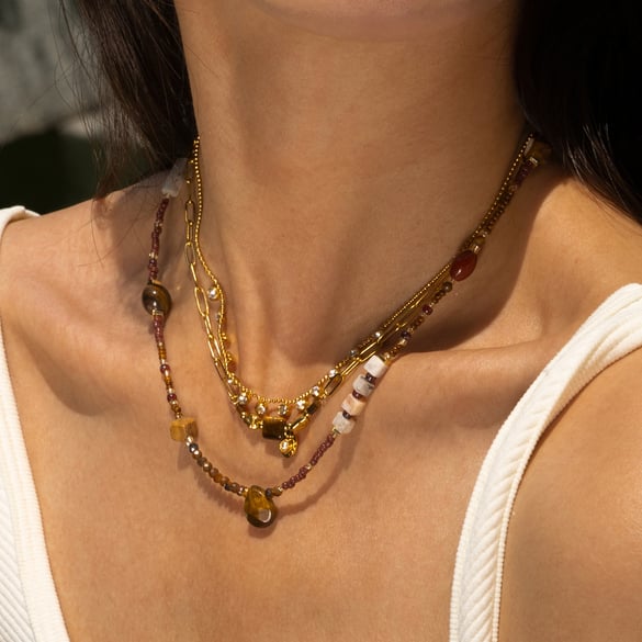 1 Piece Retro Natural Stones Gold Color Beaded Necklace