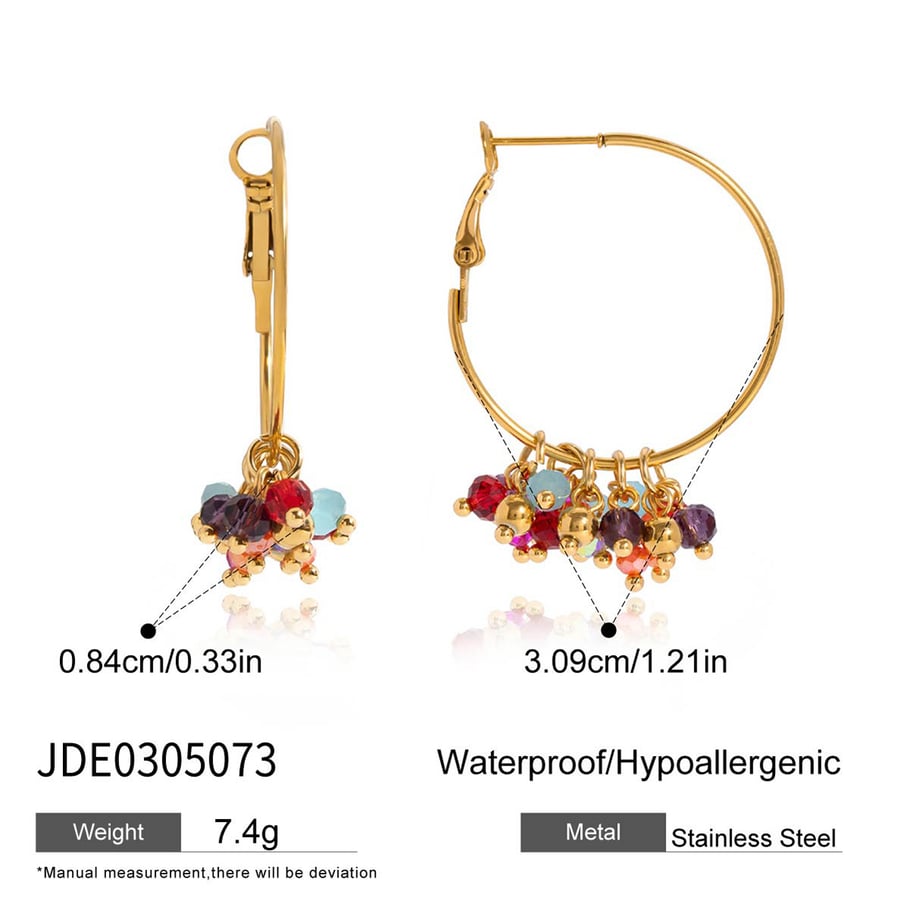 1 paire de boucles d&#39;oreilles créoles pour femme, série luxueuse, perles polychromes, en acier inoxydable couleur or Image2