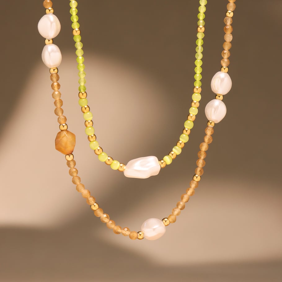 1 collar elegante de cuentas con piedras naturales de color dorado para mujer. Imagen5