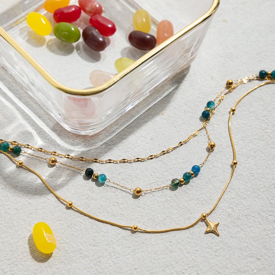 1 Piece Retro Beads Star Stainless Steel Gold Color Women's Layered Necklaces Picture5