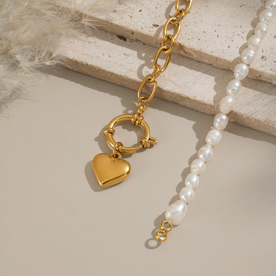 Collana con perle in acciaio inossidabile a forma di cuore, 1 pezzo Immagine3