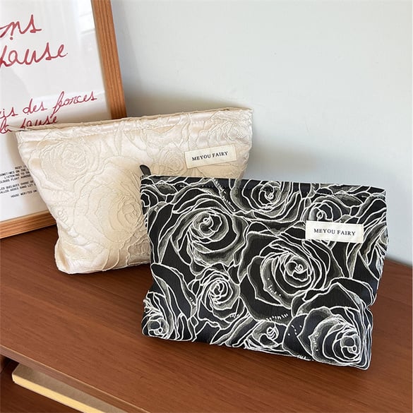Bolsa de maquillaje de poliéster para mujer, serie simple, con diseño retro de flores, 1 unidad 2