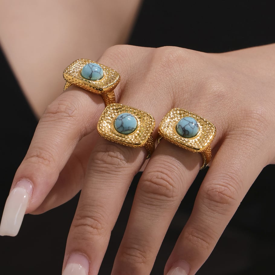 Set di gioielli da donna in pietra naturale color oro con motivo rettangolare retrò turchese in acciaio inossidabile Immagine5