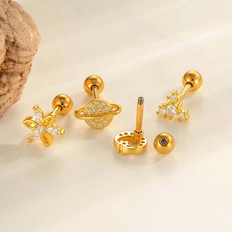 1 Adet Çiçek Bakır Altın Rengi Zirkonyum Piercing Küpe Resim3